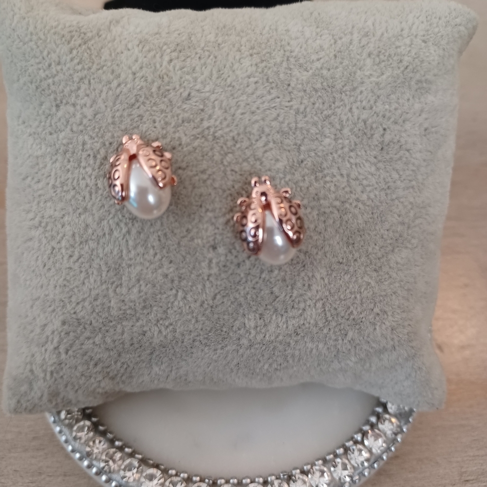 Rose Goldtone Pearl Good Luck Ladybug Stud Earrings - Picture 3 of 5